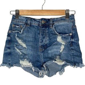 L&M distressed high rise short shorts cut offs blue waist 26”